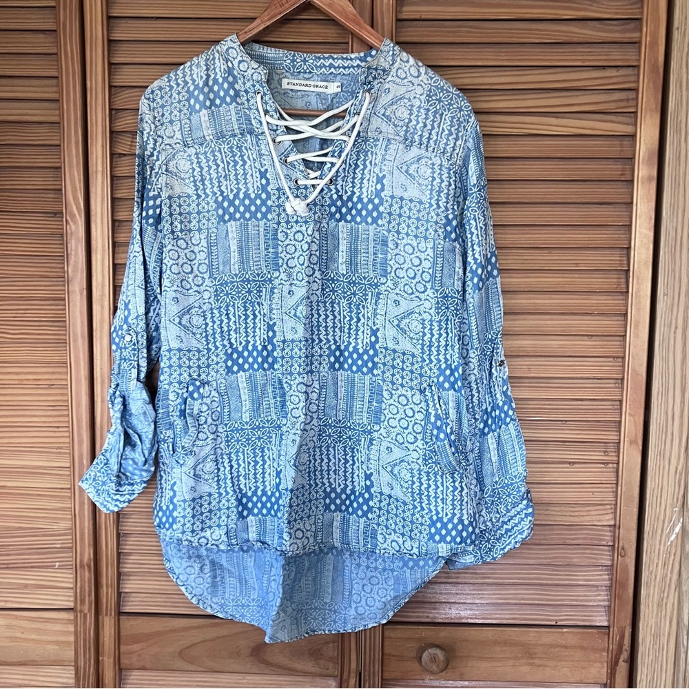 Standard Grace Blue Patchwork Lace Up Boho Tunic Blouse Top Women’s Small